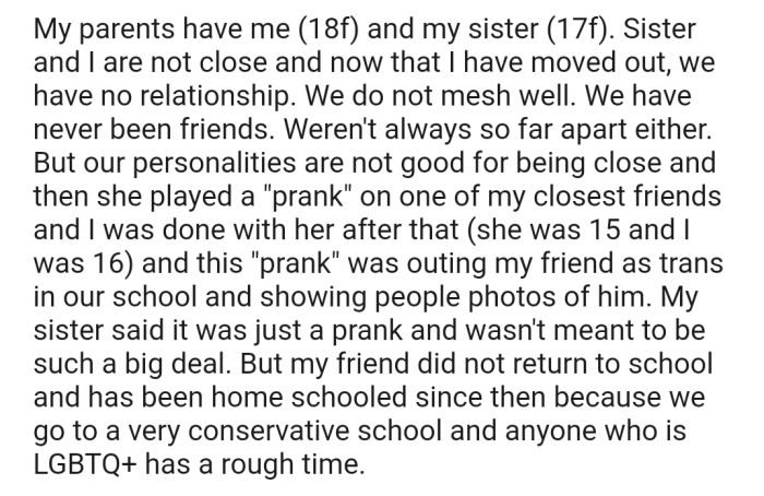OP has a fractured relationship with her sister. And unfortunately, a transgender outing prank her sister pulled on her friend sealed the deal