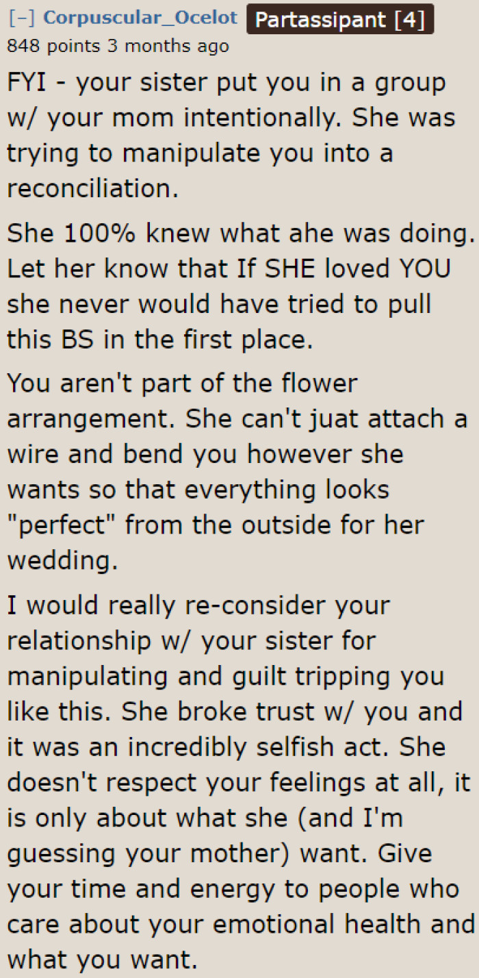 Redditors believe it was intentional. The sister wanted them to reconcile.