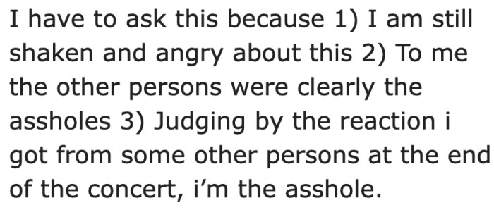 The OP thinks that the parent was the a-hole, but other concert-goers think that he was in the wrong.