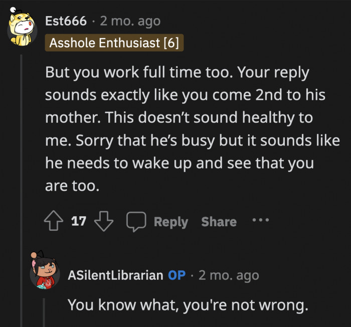 At the very least, they should communicate how they feel to each other and figure out a way to move forward.