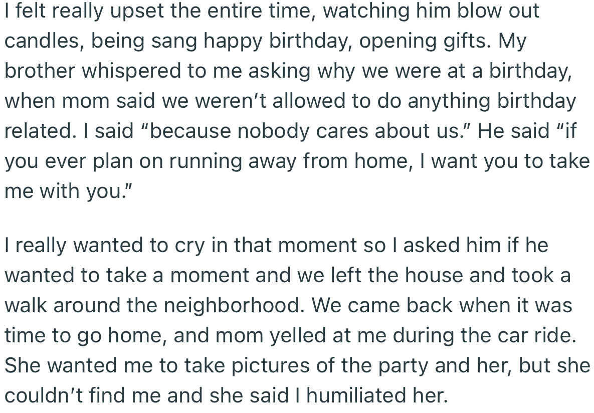 OP and her brother left the party after getting upset that they had never experienced the joy of being celebrated like the young man