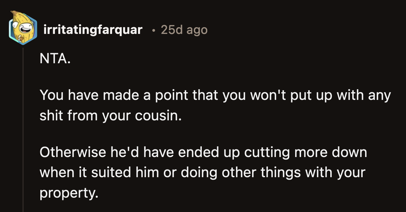 If OP let this go without punishment, their cousin would have taken that as a license to walk all over OP.