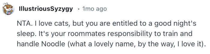 “NTA. I love cats, but you are entitled to a good night's sleep.”