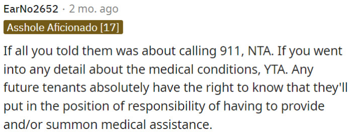 Future tenants deserve to know they might need to provide or call for medical help.