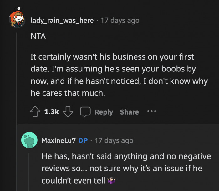 Max had no complaints about OP's breasts before but suddenly thinks they are a deal-breaker because they're not 