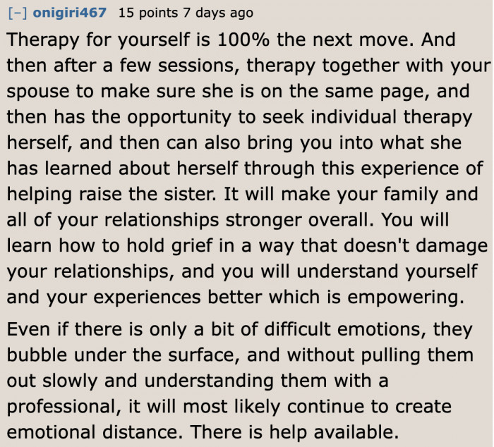 A user suggests involving the OP's wife in therapy.