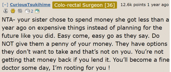 Redditors agree that the OP shouldn't help her sister.