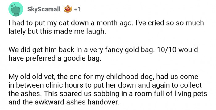 It seems like OP's emergency vet could take some tips on how to assist bereaved pet parents picking up remains