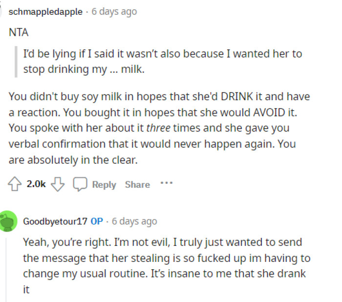 Obviously, it's the roommate's fault for not checking while drinking someone else's milk, especially if she has an allergy.