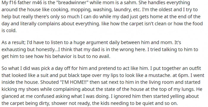 Giving her dad a piece of his own medicine