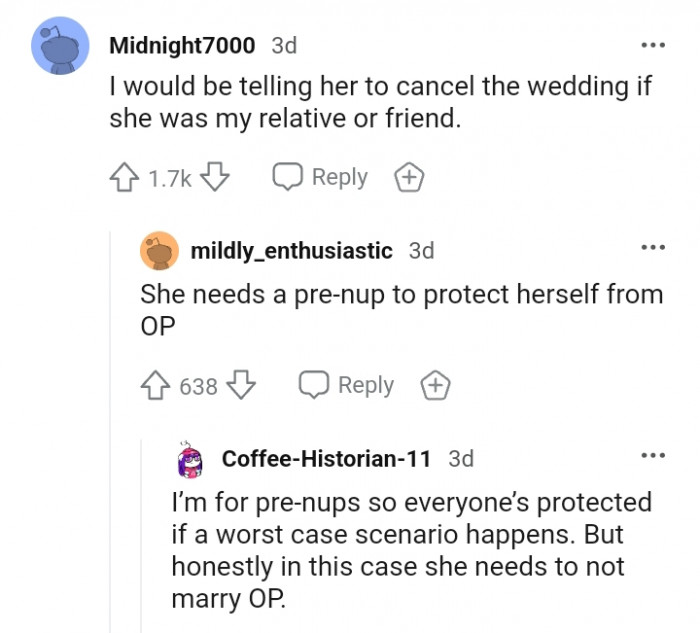 This Redditor would tell her to cancel the wedding