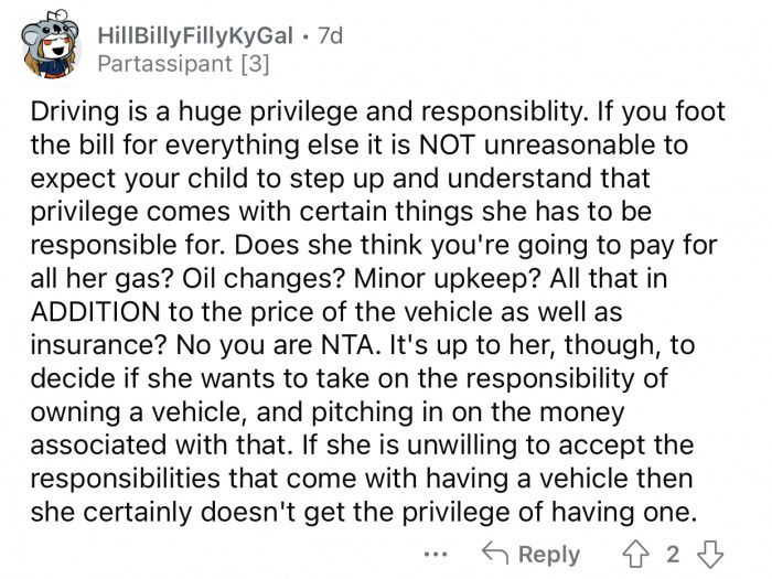 Op's daughter needs to understand that privilege comes with certain responsibilities.