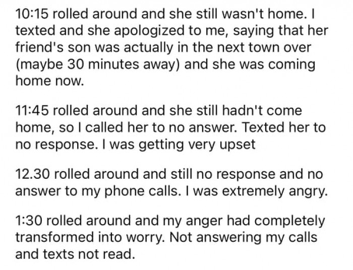 Instead of returning in one hour, she was late