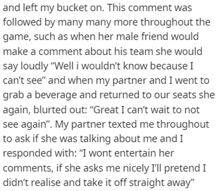 The Woman Sitting Behind OP Commented on Their Bucket Plenty of Times During the Game