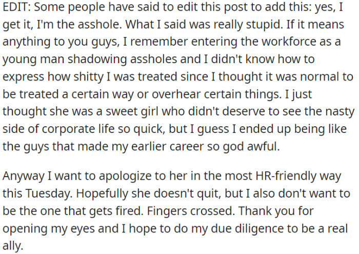 OP admits that his comment was insensitive, and he wants to apologize to her in a professional manner.