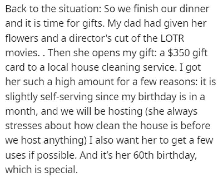 After the mother opened OP's gift, the father's gift looked pale in comparison