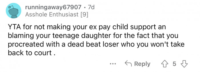 Op should not blame her teenage daughter for her ex's neglect.