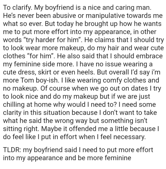 When the OP and her boyfriend go out on dates, she tries to look nice and do her makeup.