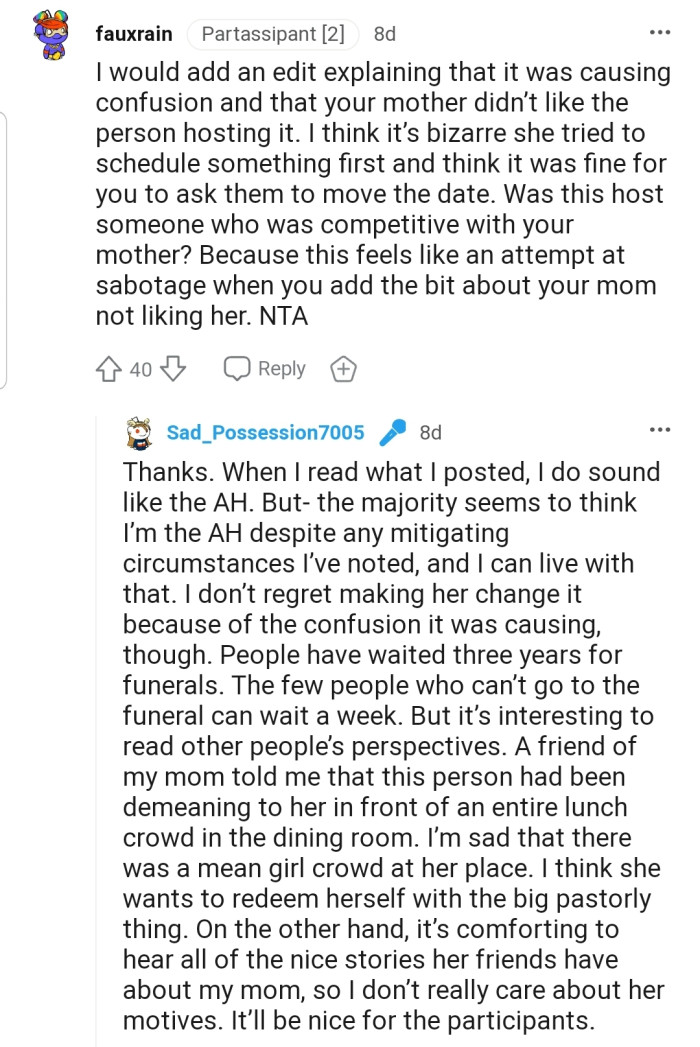 Seems OP left out that their mom wasn't on good terms with this woman. Sabotage or not?