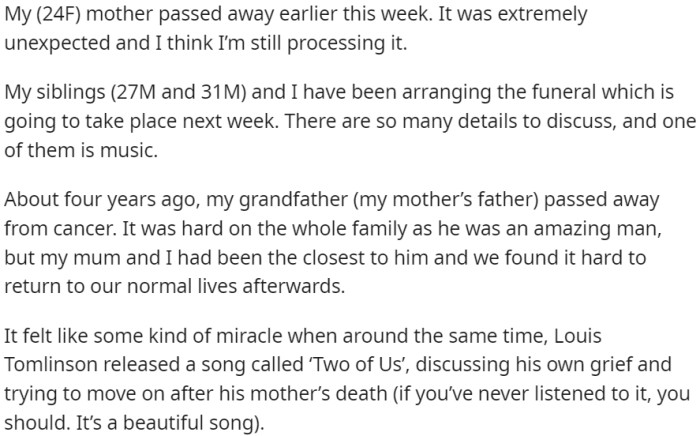 OP's mother passed away unexpectedly, and she is still processing the loss