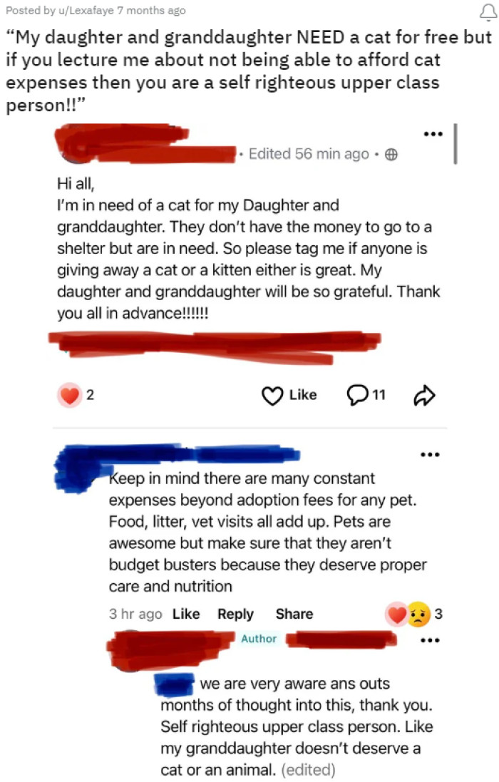 A user found a Facebook post of a choosing beggar looking for a free cat and shared it with an online community.