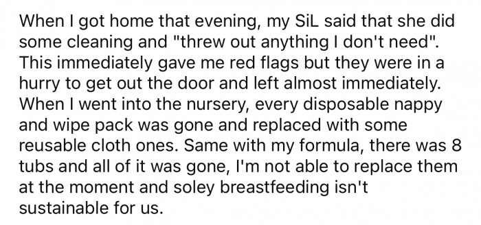 OP was shocked to find that many of her baby products had disappeared after the SIL threw away the 