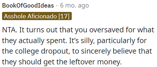 It's unreasonable for the college dropout to expect the leftover funds.