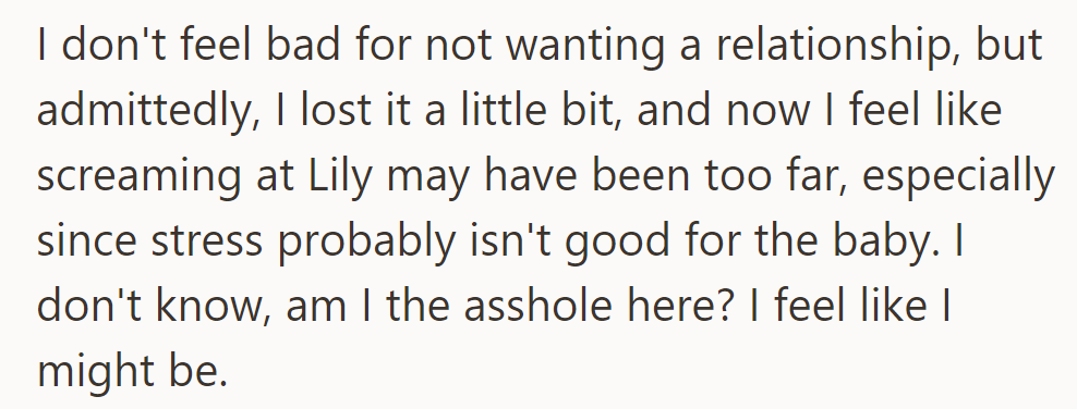 OP questions her actions, feeling conflicted about her outburst towards Lily and considering if she was in the wrong.
