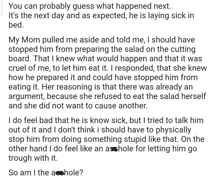 Unfortunately, OP's mom's boyfriend ended up getting food poisoning. Now OP's mom is blaming him for allowing her boyfriend to eat unhygienic food
