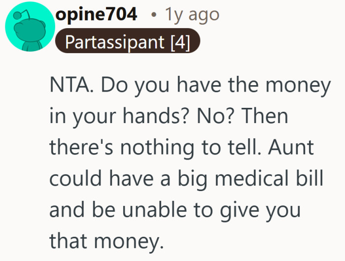 This zooms in on the practical side and points out that promises are not the same as money in hand.