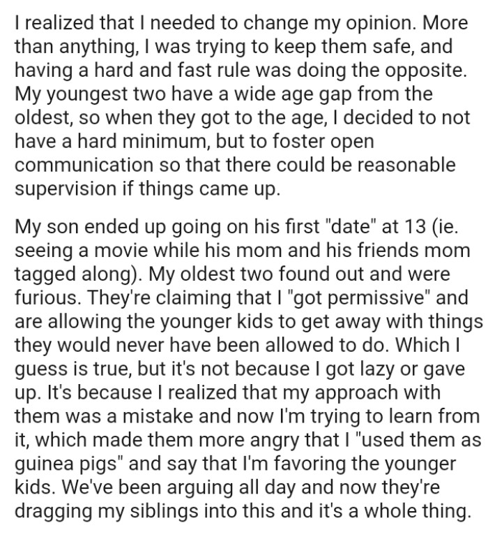 The OP's oldest two found out and were furious, claiming that the OP became permissive