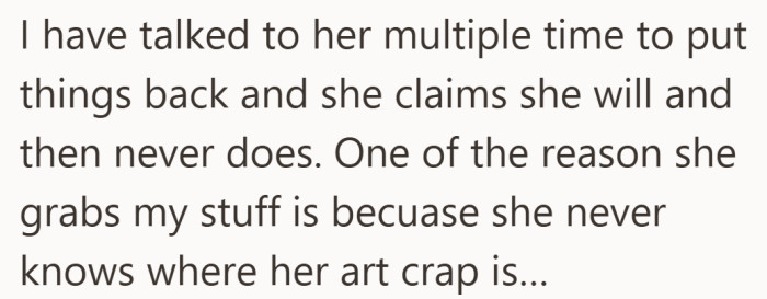 The pattern comes into focus here, promises made, nothing changed, and his supplies filling the gap left by hers.