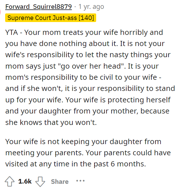 It's always important to make it known that your wife is important, despite what your family might say, and he has failed to prove that.