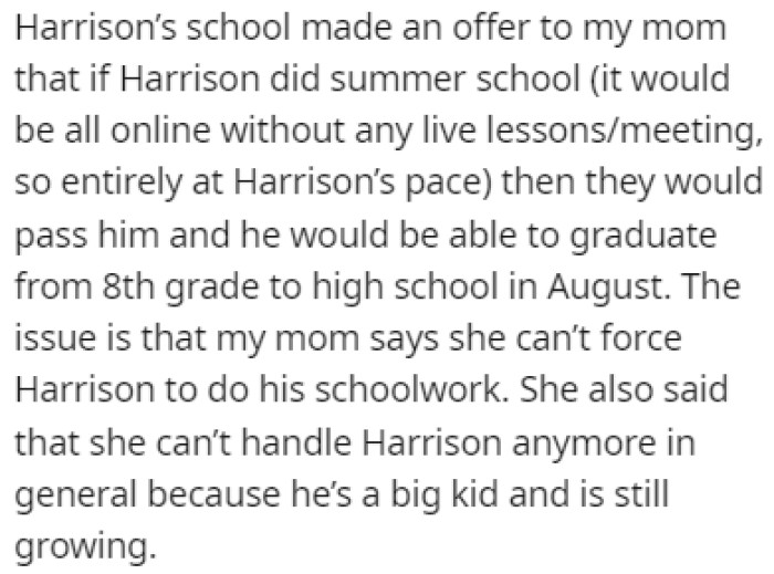 OP's mother has been struggling with raising Harrison, and all he cares about are video games