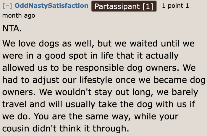 People should own a dog only when their time and money can afford it. They can't force others to take responsibility.