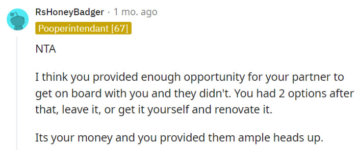 OP gave their partner a chance to get on board, but since it didn't happen, using their own money for the purchase and renovation is fair.