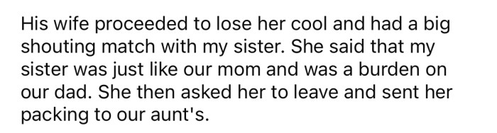 The OP's stepmother and sister got into a huge argument. Their stepmother said that the OP's sister was a burden on their dad 