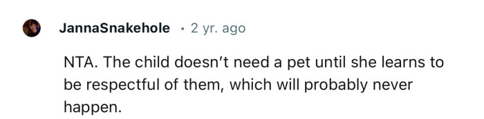 “NTA. The child doesn’t need a pet until she learns to be respectful of them.”