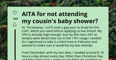 Woman Skips Cousin’s Baby Shower To Study For LSAT And Family Turns Against Her