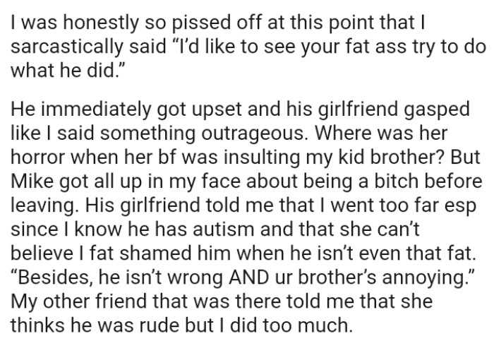 OP knows he has autism, and her friend can’t believe she fat-shamed him.