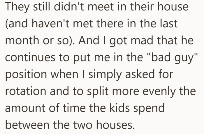 Nothing has changed since the argument. The visits still happen at her house, and she feels pushed into the role of the bad guy.