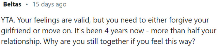 It has been four years; if OP still harbors these emotions, it raises the question of why they are staying together.