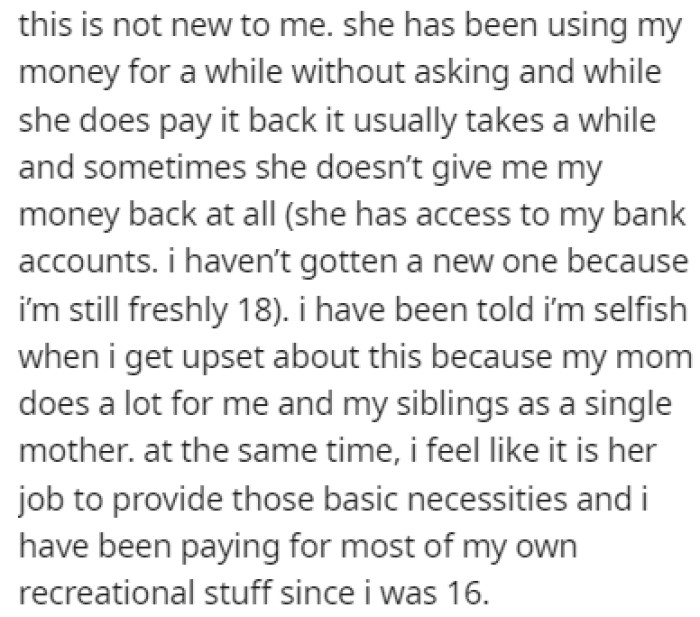 OP reveals that her mom has been using her money without asking for some time now