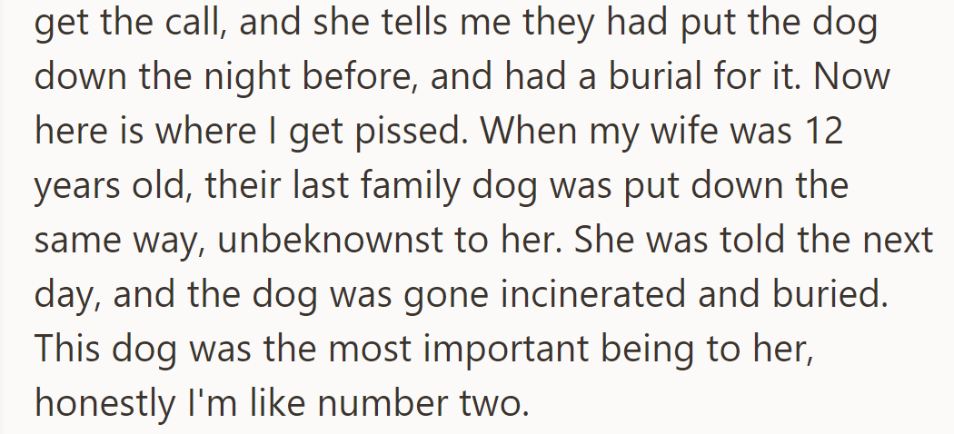 His wife's family put down their dog without telling her, repeating a past hurt, deeply upsetting him.