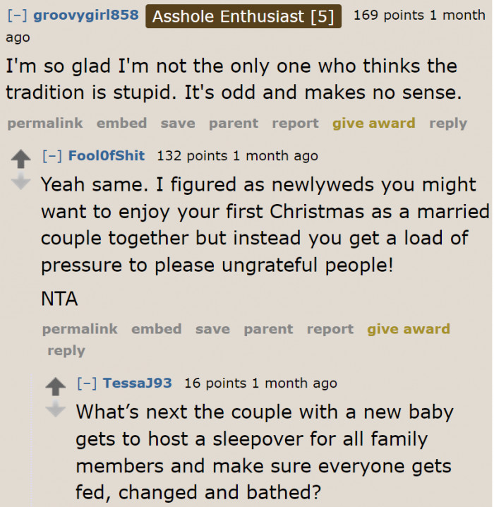 People should put a stop to the tradition that involves the newest married couple doing something for the family.