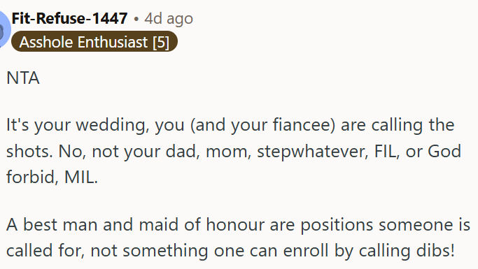 It's OP's wedding.