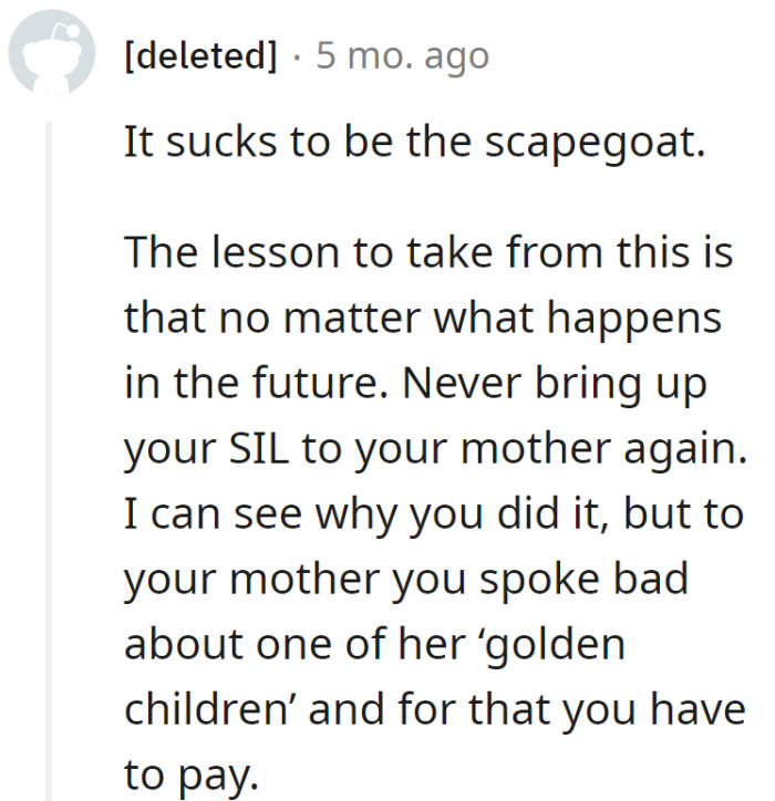 Sucks being the scapegoat.  Future tip: Treat SIL talks like a secret society.