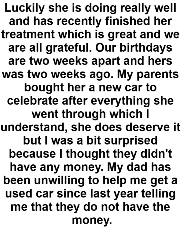 OP's parents bought her a new car to celebrate after everything she went through