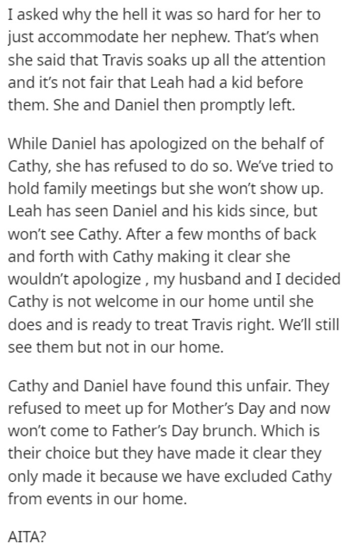 Cathy Told OP That It's Not Fair How Travis Always Soaks Up All of the Attention