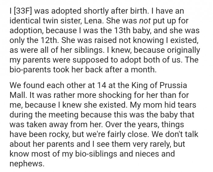 The OP's siblings were raised not knowing that she exists